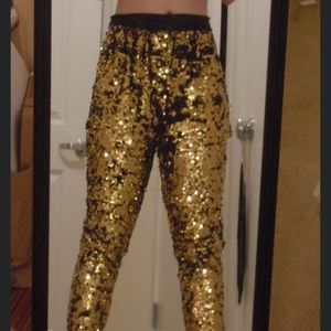 Handmade Custom Black and Gold Sequin Pants with Pockets Fully Lined